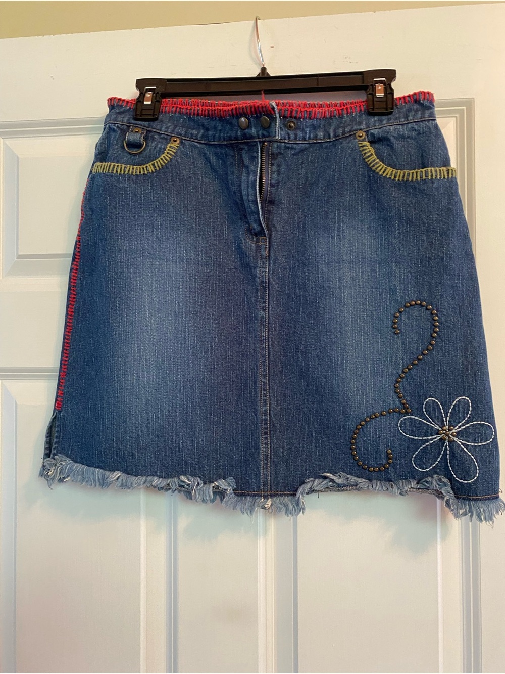 Clio Blue Denim Mini Skirt with Embellished Flower